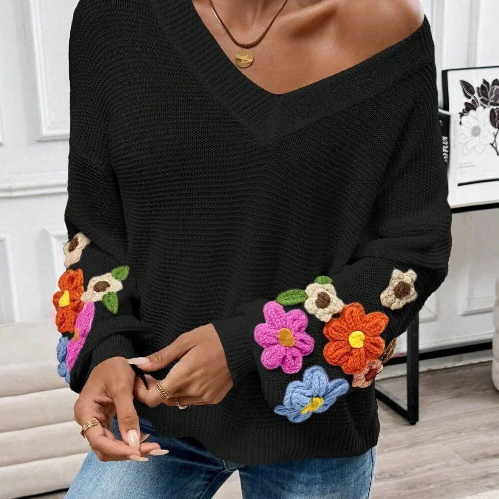 Black Casual Women's V-Neck Crochet Lantern Sleeve Pullover Sweater